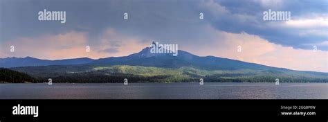 Panoramic View Of Mount Thielsen From Diamond Lake Oregon Usa Stock