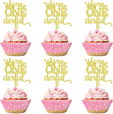 Amazon Ercadio 24 Pack Crown Mr Onederful Cupcake Toppers Gold