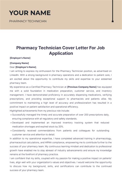 Free Pharmacy Technician Cover Letter For Job Application Template to ...