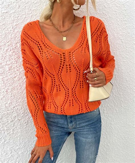 Orange Cable Knit V Neck Sweater Women Head Out To Brunch Or The