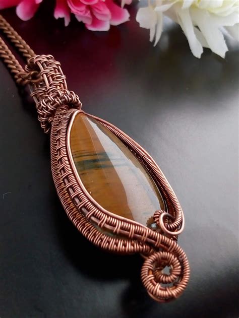 Handmade Tigers Eye Amulet Necklace Copper Wire Wrapped Large Tigers