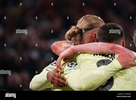 Munich Bavaria Germany 19th Apr 2023 Erling Haaland Celebrates His Goal With Teammate