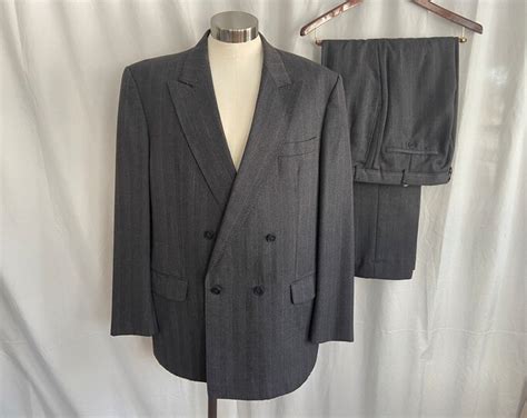 Double Breasted Pin Stripe Wool Suit Gray Suit With Wide Red Pinstripes Pleated Front Pants