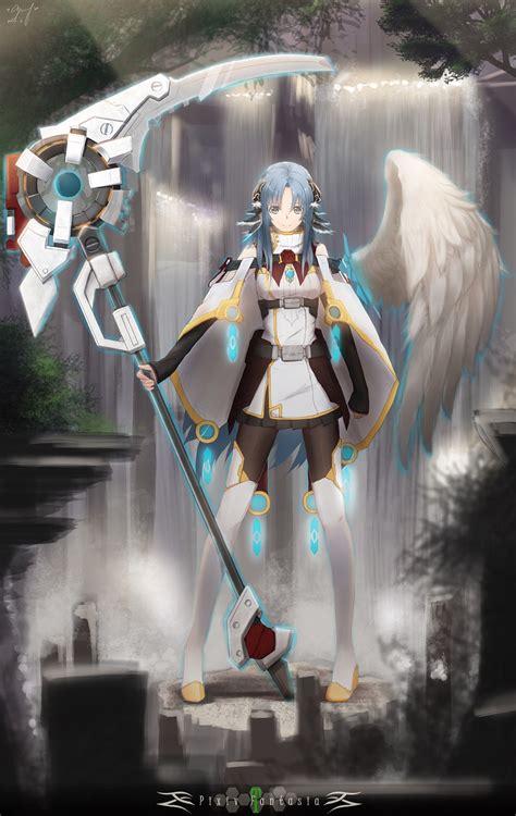 Long Hair Anime Anime Girls Blue Hair Wings Weapon Pixiv Fantasia