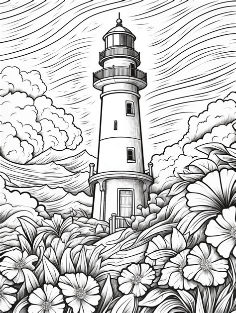 Lighthouses Coloring Book For Adults And Kids Grayscale Coloring Pages