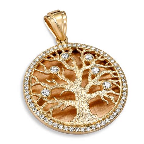 Diamond Studded Round Tree Of Life Pendant 14K Yellow Gold Judaica