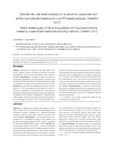 Calidad De Vida Relacionada Con La Salud En Pacientes Con Artritis