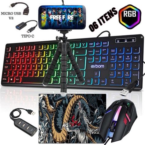 Kit Mobilador Gamer RGB Para Android Teclado Mouse Tripé e