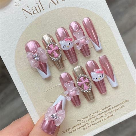 Hello Kitty Press On Nailscute Sweetie Nails Pink Hugging Etsy