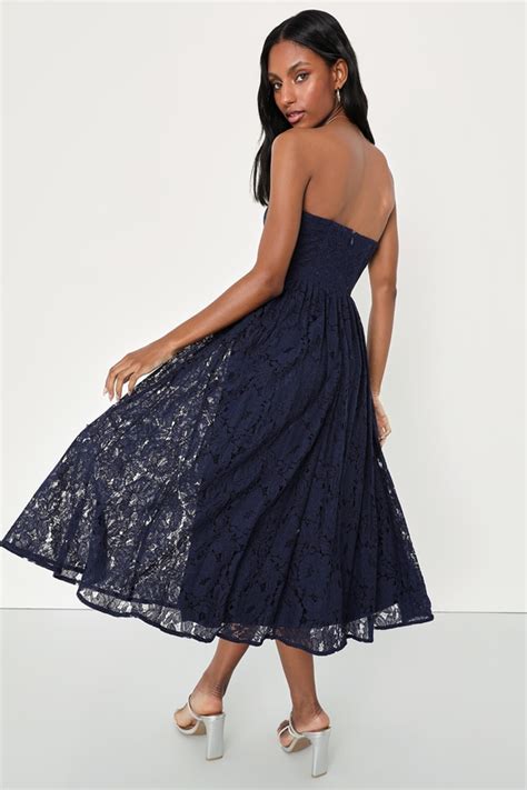 Navy Blue Lace Midi Dress Blue Bustier Dress Strapless Dress Lulus