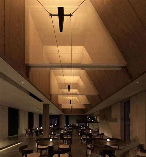 The Interior Of A Restaurant With Wooden Tables And Stools Lighting