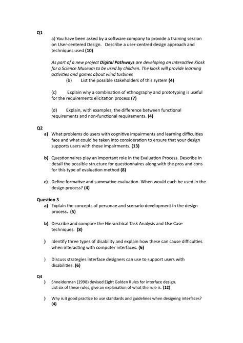 HCI Past Exam With Answers Q1 A You Have Been Asked A Software