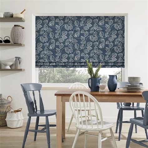 Merida Indigo Blue And White Upbeat Leaves Patterned Roman Blinds