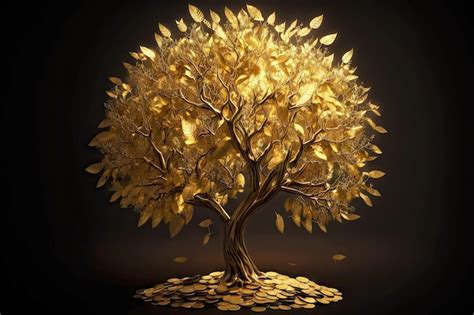 Premium Photo Sprawling Golden Money Tree With Coin Leaves On Dark