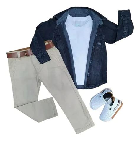 Camisa Jeans Preta Camiseta Branca E Calça Nude Infantil Parcelamento sem juros