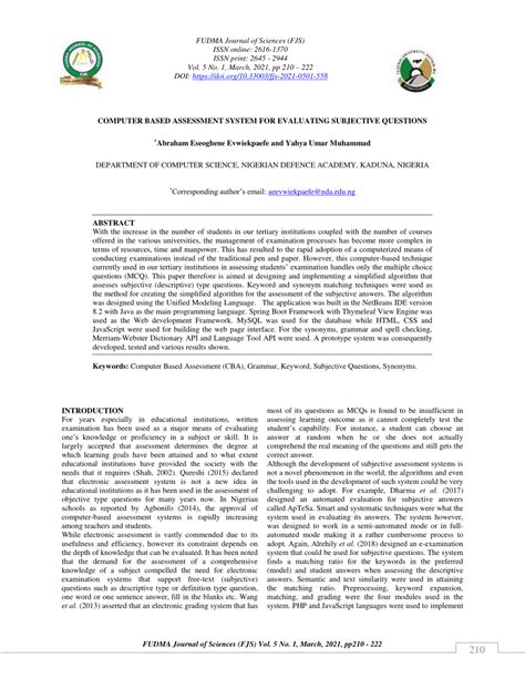 PDF COMPUTER BASED ASSESSMENT SYSTEM FOR EVALUATING SUBJECTIVE QUESTIONS