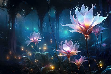 Magic forest with flowers. Fantasy landscape. Digital painting. 3D