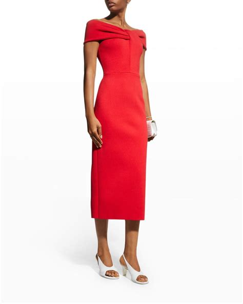 St John Twisted Off The Shoulder Milano Knit Midi Dress In Red Lyst