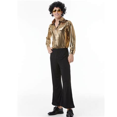 Golden Men S 70s Disco Dancing King Shiny Shirt Bell Bottoms Outfit