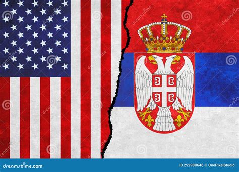 Usa And Serbia Painted Flags On A Wall With A Crack United States Of