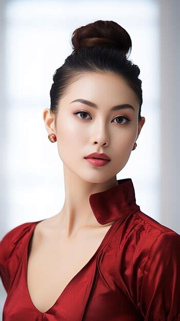 Premium Ai Image Portrait Of A Japanese Model In A Red Strapless Gown