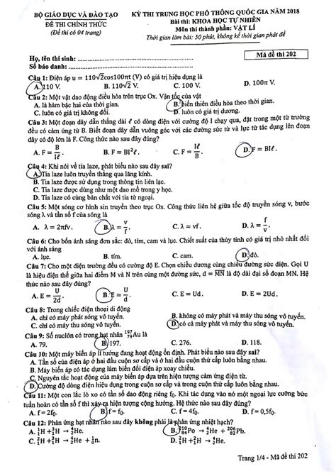 Đề thi chính thức môn Vật lý THPT Quốc Gia 2018