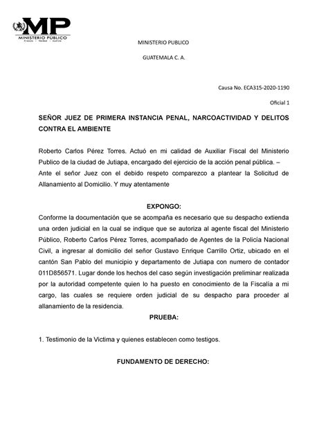 Solicitud De Allanamiento Ministerio Publico Guatemala C A Causa No