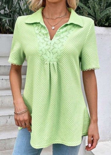 Light Green Patchwork Short Sleeve Shirt Collar Blouse