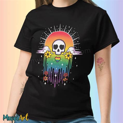 Simple Lgbtq Tshirt All Flags Pride Tee Emo Gothic Vibes Skull On Light Gay Rainbow Colors Stars