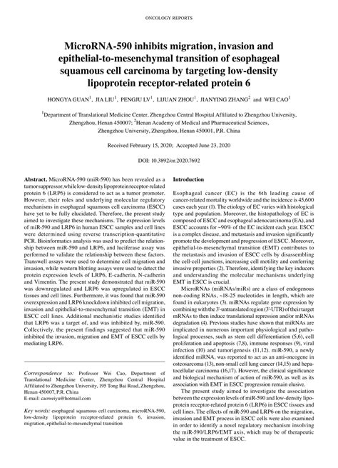 PDF MicroRNA590 Inhibits Migration Invasion And Epithelialto