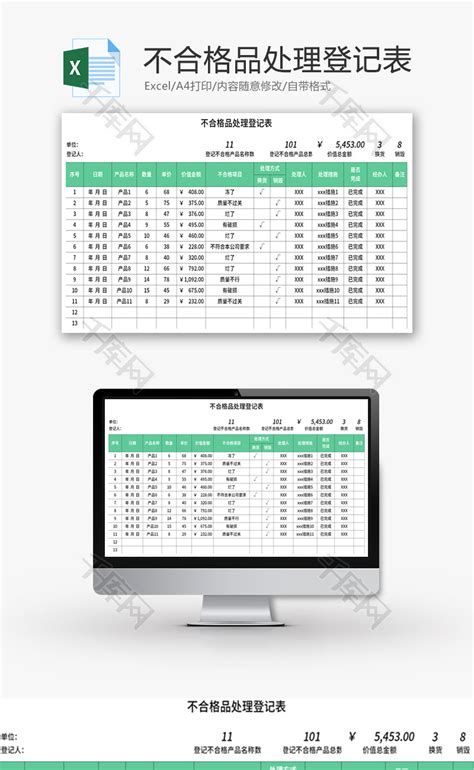 不合格品处理登记表Excel模板 千库网 excelID180766