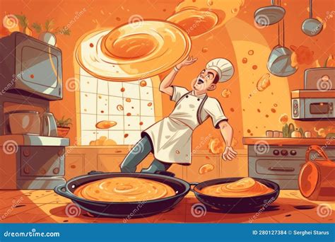 A Cartoon Chef Tossing A Pan Of Food Into A Frying Pan Generative Ai Image Stock Illustration