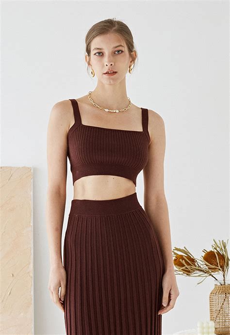 Ultra Soft Ribbed Cami Knit Cropped Top In Brown Retro Indie And