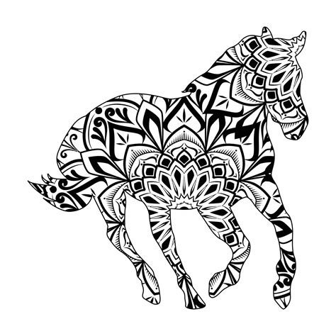 Horse mandala coloring page for kids and adults, animal mandala vector line art design style ...