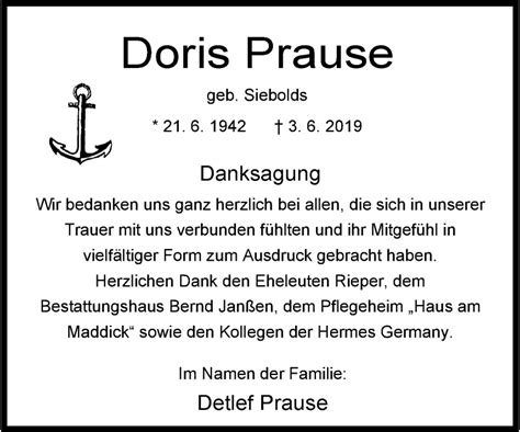 Traueranzeigen Von Doris Prause Nordwest Trauer De