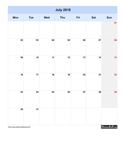 Free Monthly Printable Blank Calendar For July 2018 Monday To Sunday