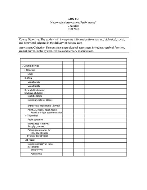 Printable Neuro Assessment Form Printable Forms Free Online