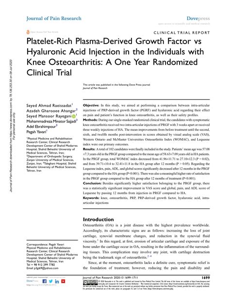 Pdf Platelet Rich Plasma Derived Growth Factor Vs Hyaluronic Acid