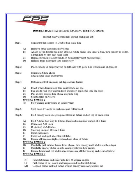 Double Bag Static Line Packing Instructions Rigger Check 1 Download