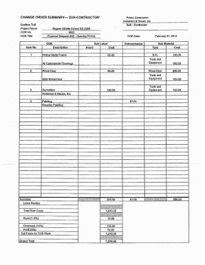 Fillable Online CHANGE ORDER SUMMARY SUB CONTRACTOR Prime Fax