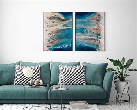 Coastal Wall Art Set Blue Abstract Art Blue Wall Art Beach Etsy