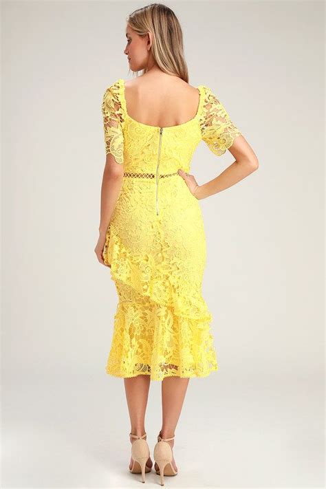 Briarwood Yellow Lace Ruffled Midi Dress Midi Ruffle Dress Lulu Lace Dress Lace Tea Length Dress