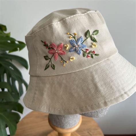 Beige Bucket Hat Hand Embroidered Bucket Hat Custom Embroidered Bucket