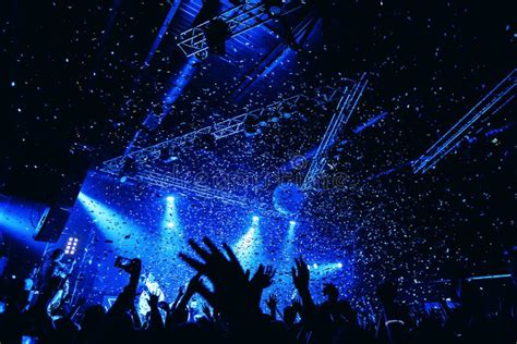 Night Club Silhouette Crowd Hands Up at Confetti Stage Stock Photo - Image of display, festival ...