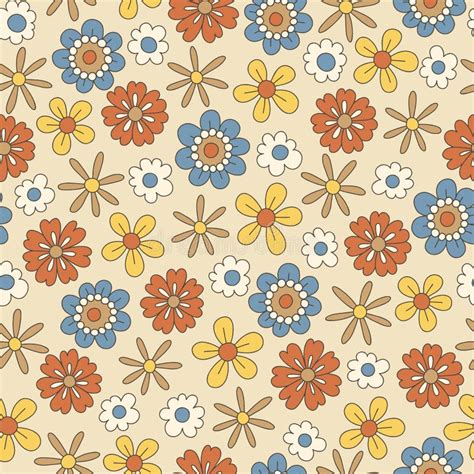 Colorful Ditsy Hand Drawn Floral Daisies Vector Seamless Pattern Retro