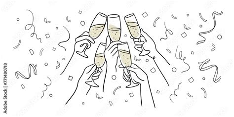 Continuous Line Champagne Cheers One Line Art Continuous Drawing