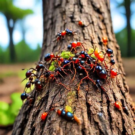 Un grupo de hormigas están en un árbol y uno tiene una hormiga roja en