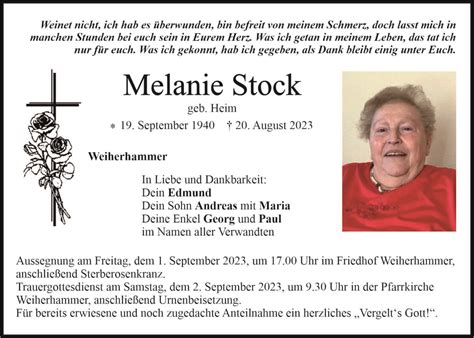 Traueranzeige Melanie Stock Weiherhammer Oberpfalzecho