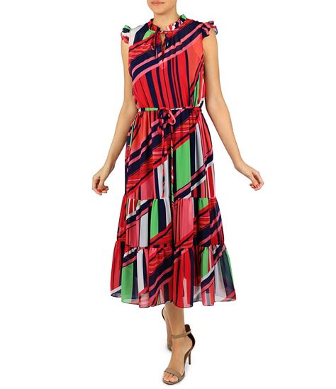 Julia Jordan Printed Mock Neck Cap Sleeve Tiered Ruffle Hem Midi Dress