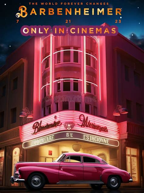 A Movie Billboard Has A Pink Classic Car In Front Of It Stock